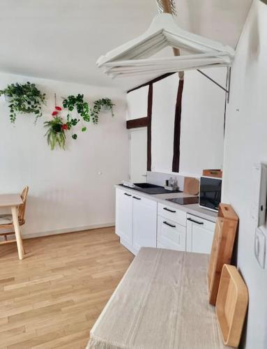 une grande cuisine blanche avec des placards blancs et une table dans l'établissement Studio le coquelicot, à Moulins