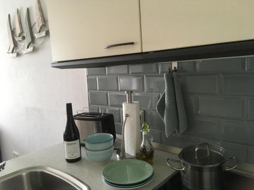 um balcão de cozinha com um lavatório e garrafas de vinho em "Haus Atlantic" - Wohnung "StrandGut" em Grömitz