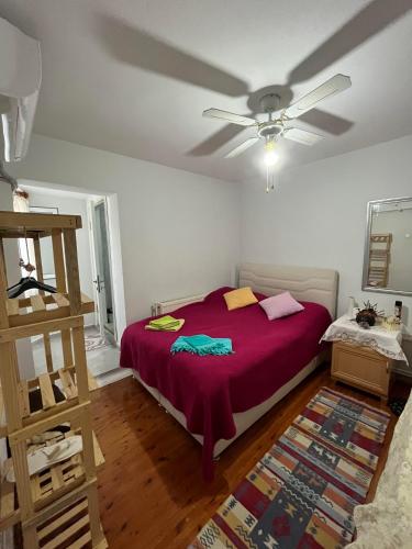 a bedroom with a bed and a ceiling fan at Villa 19 Apart Otel in Ilıca