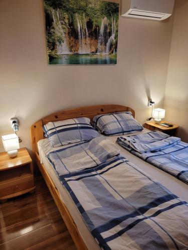 2 camas en un dormitorio con una cascada pintada en la pared en BENI NYARALÓ, en Békésszentandrás