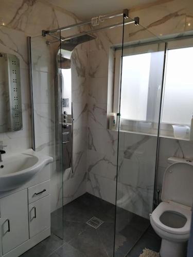 a bathroom with a shower and a toilet and a sink at Double Ensuite room, 1-minute walk to bus stop in Edinburgh