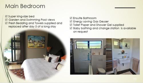 2 fotos de un dormitorio con cama y baño en Living on a Golf Estate, en Mossel Bay
