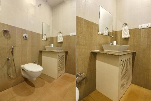 two pictures of a bathroom with a toilet and a sink at La Volga by Turtle Retreat in Morjim