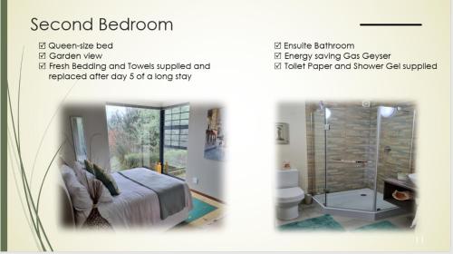 a collage of photos of a bedroom with a shower at Living on a Golf Estate in Mossel Bay