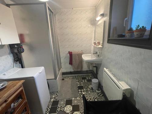 a small bathroom with a shower and a sink at Petite maison dans la manche in Créances