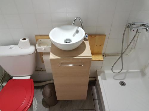 La salle de bains est pourvue d'un lavabo, de toilettes et d'une baignoire. dans l'établissement Studio Beaulieu, à Rennes