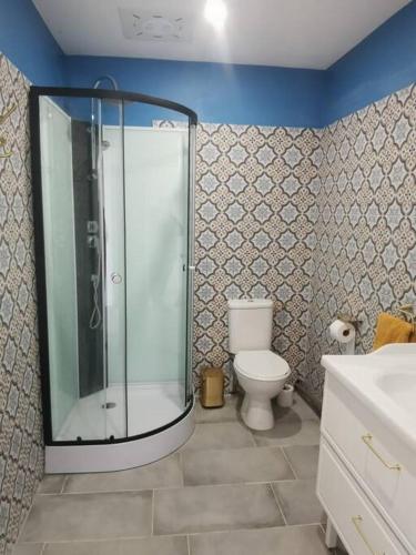 une salle de bain avec une douche en verre et des toilettes dans l'établissement Les Bruyères cottage, à La Bazoque