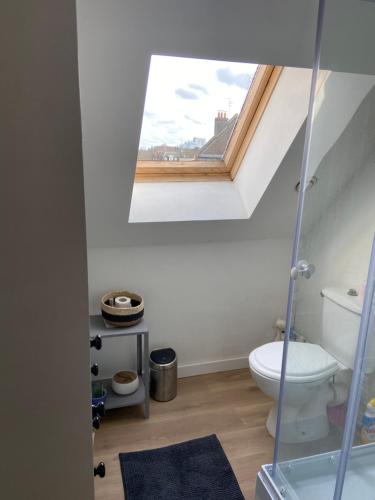 a bathroom with a toilet and a window at Chez Mag in Lille