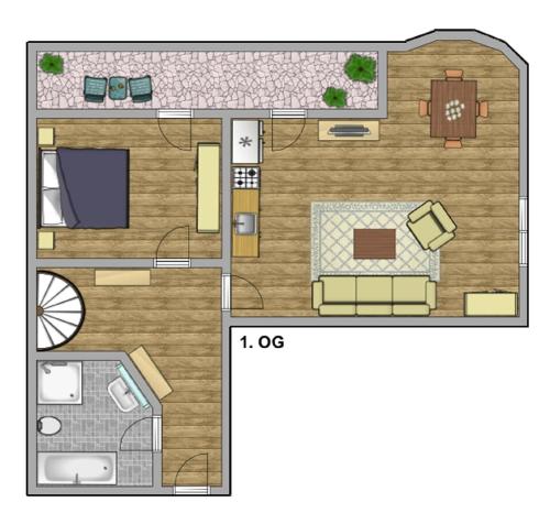 een plan van een klein appartement met een plattegrond bij Appartement in Garmisch-Partenkirchen - b60505 in Garmisch-Partenkirchen