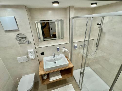 y baño con lavabo y ducha. en Business Appartment by Tinschert, en Schwertberg