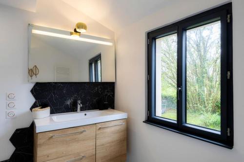 une salle de bain avec un lavabo et un grand miroir dans l'établissement Appartement cosy avec SPA Vannes, à Vannes