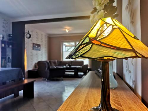 a stained glass lamp on a table in a living room at Ferienwohnung Pünter in Surwold