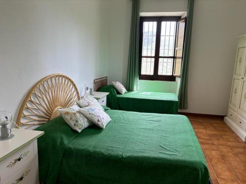 een slaapkamer met 2 groene bedden en een raam bij Il Castello degli ulivi in Roccella Ionica