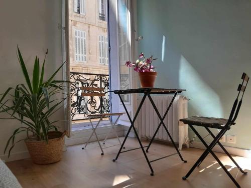 une chambre avec une table, une chaise et une plante dans l'établissement Cosy appartement familial au coeur de marseille, à Marseille