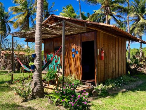 una pequeña cabaña de madera con una palmera en Maré de Atins Eco Lodge, en Atins