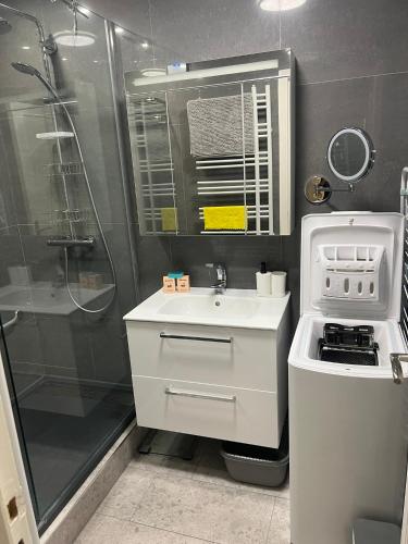 La salle de bains est pourvue d'une douche, d'un lavabo et d'une cuisinière. dans l'établissement Chic 47m2, 2 rooms, ground floor, nice patio, 280m beach Croisette, à Cannes