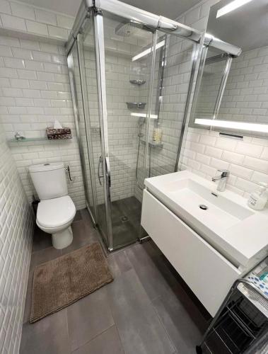 une salle de bain avec une douche, des toilettes et un lavabo dans l'établissement Maison élégante & cozy, 5mn des plages & St Tropez, à Gassin