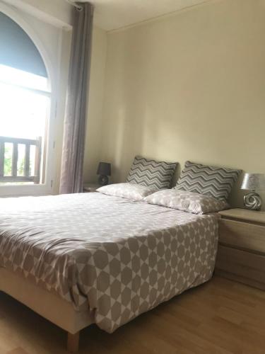 une chambre avec un grand lit avec une fenêtre dans l'établissement Appartement lumineux st Jean de luz, à Saint-Jean-de-Luz