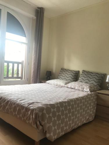 une chambre avec un grand lit avec une fenêtre dans l'établissement Appartement lumineux st Jean de luz, à Saint-Jean-de-Luz