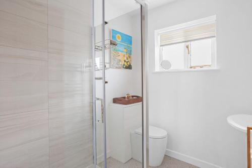 a bathroom with a shower with a toilet and a sink at Vickery's Cottage in Woodbury