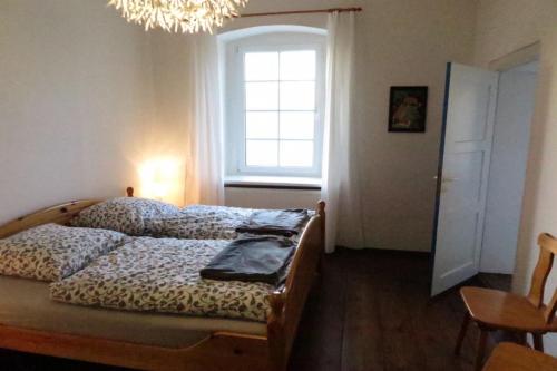 a bedroom with a bed and a window and a chandelier at Ruhige FeWo im Nussbaumhof - Komfort & historisches Ambiente in Plath