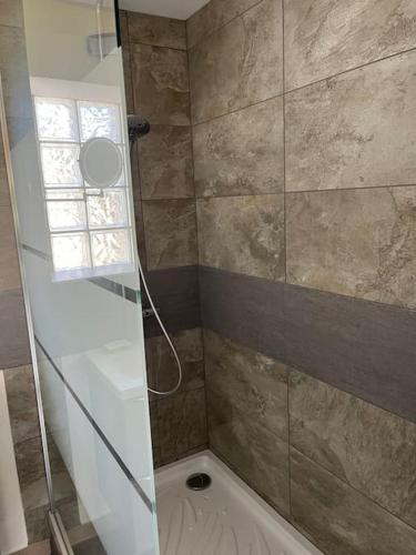 une salle de bain avec une douche avec une porte vitrée dans l'établissement Gîte chez Marco, à Peyrieu