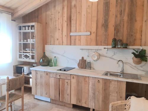 uma cozinha com armários de madeira e um lavatório em Le Sens des Merveilles em Mane