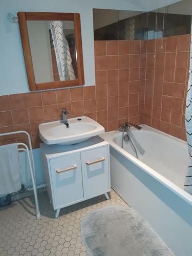 La salle de bains est pourvue d'un lavabo, de toilettes, d'une baignoire et d'un miroir. dans l'établissement Location T4 85M², à Lyon