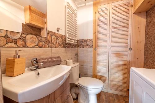 小靜的住宿－Domek Góralski Na Pastwisku，浴室配有白色水槽和卫生间。