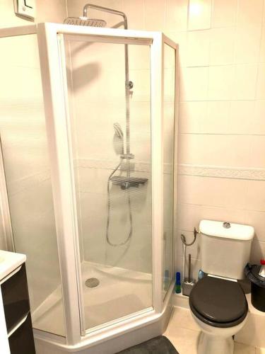 une salle de bain avec douche et toilettes dans l'établissement Studio les pieds dans l'eau, au Pouliguen