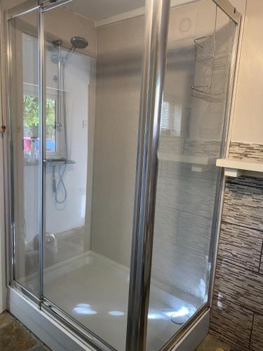 a shower with a glass door in a bathroom at Pond Cottage in Coverack
