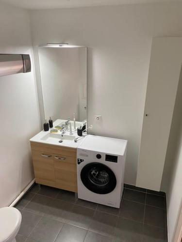 een badkamer met een wasmachine en een wastafel bij Appartement JO, proche Paris in Guyancourt