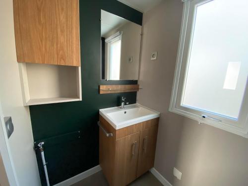 un bagno con lavandino e specchio di Mobil home Neuf Haut standing a Canet-en-Roussillon