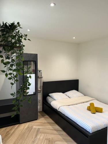 - une chambre avec un lit et une plante dans l'établissement Le Superbe - Appartement Calme à Toulouse - Proche Transports, à Toulouse