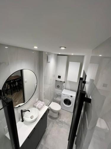 une salle de bain avec un lavabo et un miroir et des toilettes dans l'établissement Le Superbe - Appartement Calme à Toulouse - Proche Transports, à Toulouse