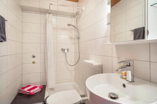 uma casa de banho com um chuveiro, um lavatório e um WC. em Am Dorfweiher em Tettnang