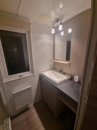 une salle de bain avec un lavabo, un miroir et une fenêtre dans l'établissement MOBILE HOME CLIMATISE Vias 2, à Vias
