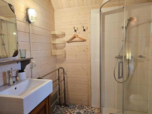 ein Bad mit einem Waschbecken und einer Dusche in der Unterkunft Vakantiewoning midden in de natuur GR02 Grijpskerke in Grijpskerke