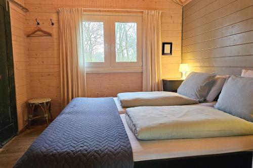 2 Betten in einem Zimmer mit Fenster in der Unterkunft Vakantiewoning midden in de natuur GR02 Grijpskerke in Grijpskerke