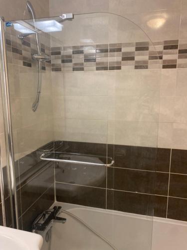 une douche dans une salle de bain avec une porte vitrée dans l'établissement Super T2 Avec piscine Lyon 3ème, à Lyon