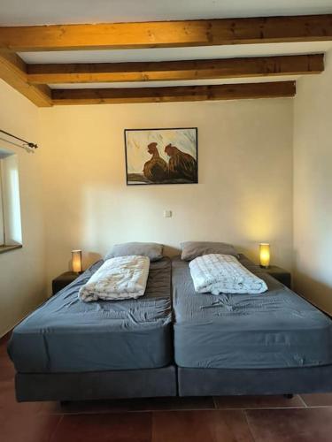 a bedroom with a bed with two pillows on it at Bungalow - Rust en Ruimte in Ballum