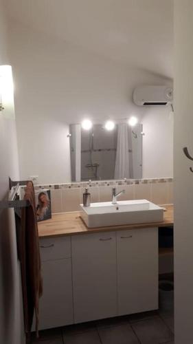une salle de bain avec un lavabo et un miroir dans l'établissement Appartement de vacances entre mer et campagne, à Le Port-des-Barques