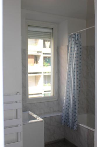 ein Bad mit einer Badewanne und einem Fenster in der Unterkunft Bienvenus à Thèse - Appartement Orange in Marseille