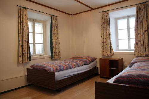 1 Schlafzimmer mit 2 Betten und 2 Fenstern in der Unterkunft Chasa Campell in Ardez