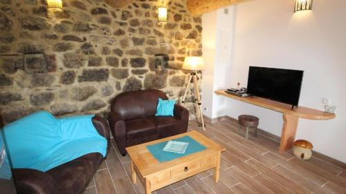 a living room with a couch and a tv at Gite Le Turquoise in Saint-Cirgues-en-Montagne