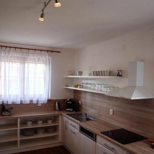 een keuken met houten werkbladen, een wastafel en een raam bij Nad Sklepy in Bořetice