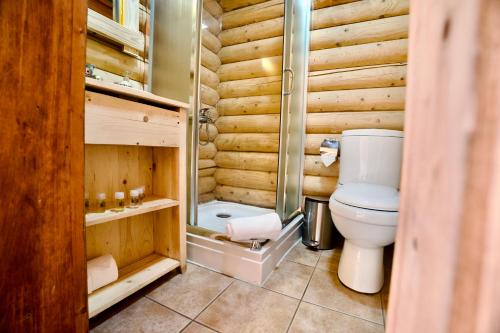 a wooden bathroom with a toilet and a shower at Wood Hills Hotel & Resort in Mayrūbā