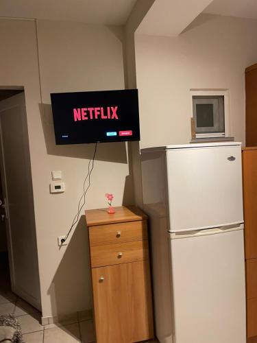 a kitchen with a refrigerator and a tv on the wall at Ioannina Suburban Comfort Hideout in Neochorópoulon