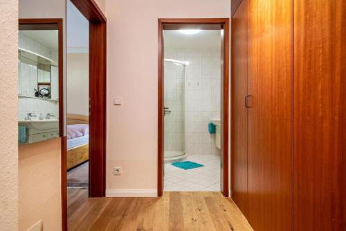 La salle de bains est pourvue d'une douche et de toilettes. dans l'établissement Claudis Seeland, à Kressbronn am Bodensee