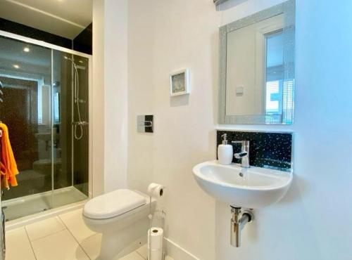 a bathroom with a sink and a toilet and a shower at double room in Wadebridge